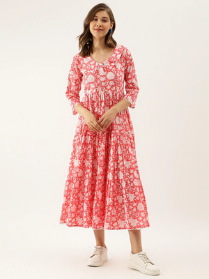 DIVENA Women Fit and Flare Pink, White Midi/Calf Length Dress