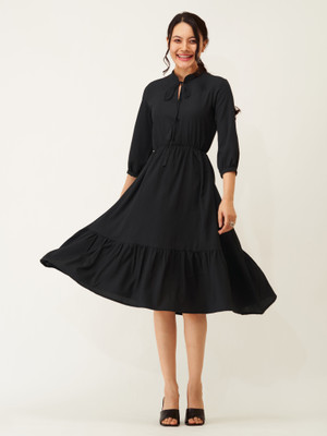 AASK Women Fit and Flare Black Midi/Calf Length Dress