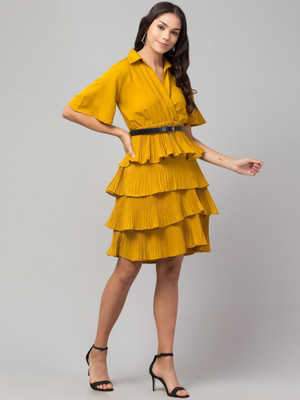 O Madam Women Fit and Flare Yellow Knee Length Dress