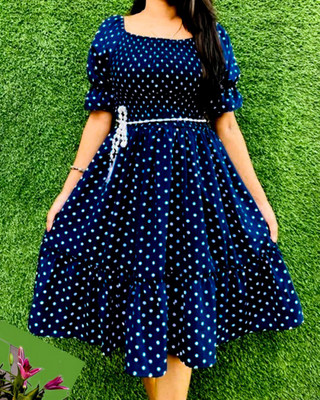 HOC's Women Fit and Flare Dark Blue Midi/Calf Length Dress