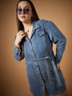 SASSAFRAS Curve Women Shirt Blue Above Knee/Mid Thigh Length Dress