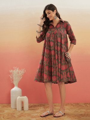 InWeave Women Fit and Flare Green Above Knee/Mid Thigh Length Dress