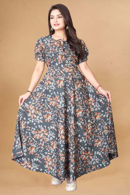 Glolick Women A-line Grey Maxi/Full Length Dress