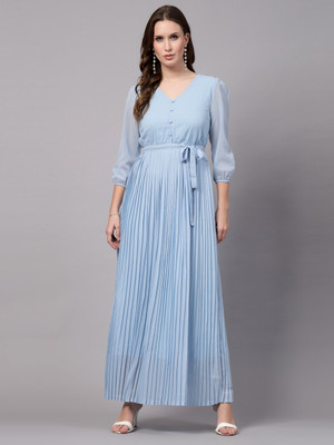 AAYU Women Fit and Flare Light Blue Maxi/Full Length Dress