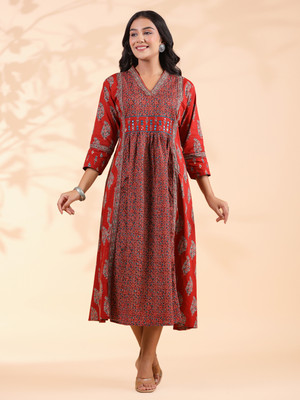 VBUYZ Women A-line Red Midi/Calf Length Dress