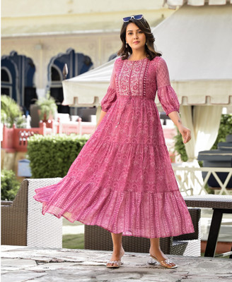 Juniper Women Gathered Pink Midi/Calf Length Dress