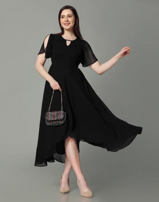 Selvia Women A-line Black Midi/Calf Length Dress