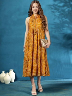 ANOUK Women Fit and Flare Orange Midi/Calf Length Dress