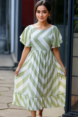 Fashion2wear Women Fit and Flare Light Green Below Knee Dress