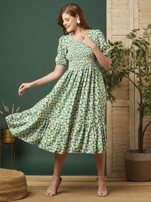 Moda Rapido Women Fit and Flare Green Knee Length Dress