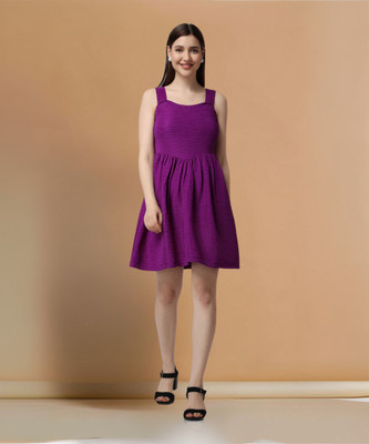POPWINGS Women Fit and Flare Purple Above Knee/Mid Thigh Length Dress