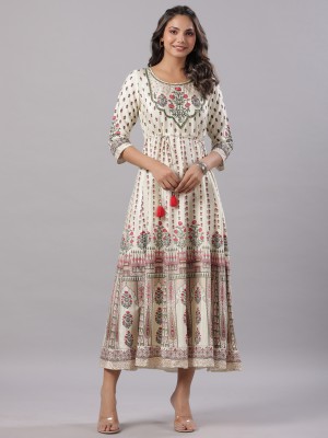 Juniper Women Ethnic Dress White, Pink, Dark Green Dress