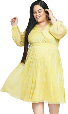 wild U Women Fit and Flare Yellow Knee Length Dress