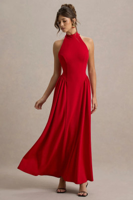 HouseOfCommon Women Fit and Flare Red Maxi/Full Length Dress