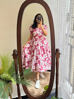 RAJASTHANIARTSS Women Maxi Pink, White Midi/Calf Length Dress