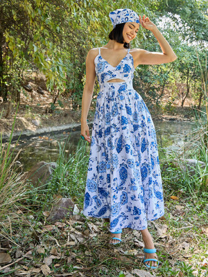 Pink Paprika By SASSAFRAS Women Fit and Flare White, Blue Midi/Calf Length Dress