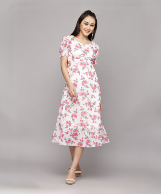 AAYU Women A-line White, Pink Midi/Calf Length Dress