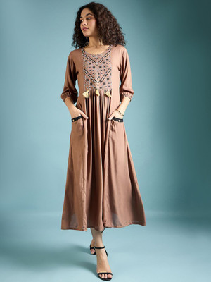 all about you Women A-line Brown Midi/Calf Length Dress