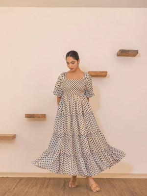 ZWERLON Women A-line White, Blue Maxi/Full Length Dress