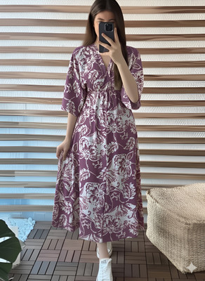 RAAM TEXTILE Women Gown Purple, White Knee Length Dress