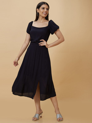 Globus Women Fit and Flare Black Midi/Calf Length Dress