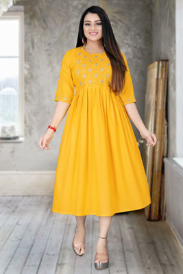 ShopGlobal Women A-line Yellow Below Knee Dress