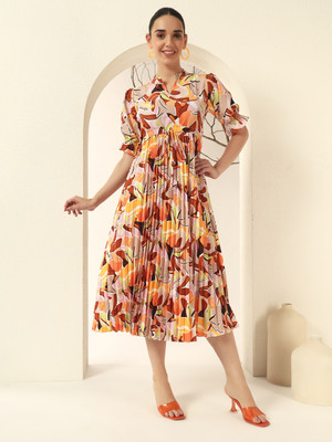 OTABU Women A-line Orange Midi/Calf Length Dress