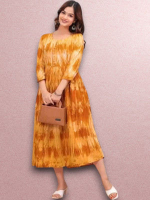fashionstreet Women Gown Orange Midi/Calf Length Dress