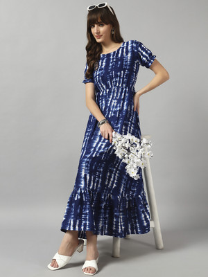 Krunal Raiyani Women Fit and Flare Blue Maxi/Full Length Dress