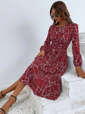KOTTY Women Fit and Flare Maroon, White Midi/Calf Length Dress