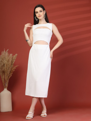 PLUSS Women Fit and Flare White Knee Length Dress