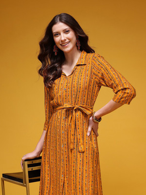 HERE&NOW Women A-line Yellow Midi/Calf Length Dress