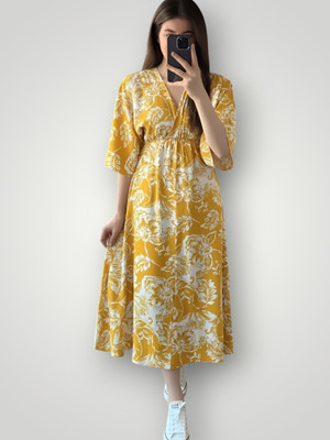 RAAM TEXTILE Women Gown Yellow Knee Length Dress