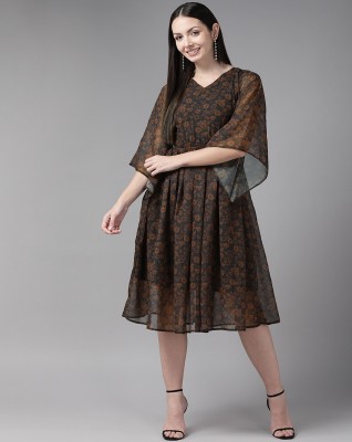 MUHURATAM Women Fit and Flare Brown Dress
