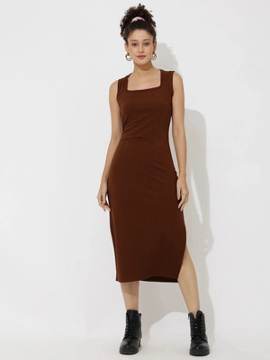 Dwarros Women Bodycon Brown Below Knee Dress
