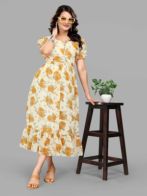 GROMint Women Fit and Flare Yellow Midi/Calf Length Dress