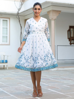 Janasya Women Fit and Flare White Below Knee Dress