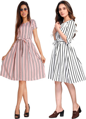 Rinra Women Fit and Flare Black, White, Pink Knee Length Dress