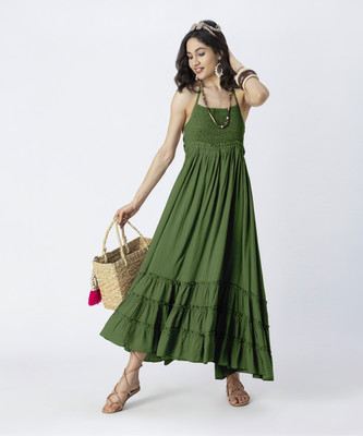 moomaya Women Fit and Flare Dark Green Maxi/Full Length Dress