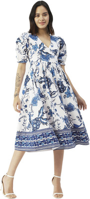 moomaya Women Fit and Flare Blue, White Midi/Calf Length Dress