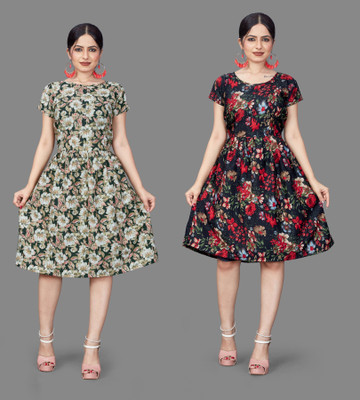 Madhave Women Fit and Flare Multicolor Below Knee Dress