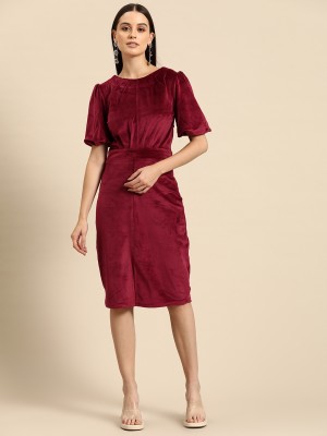 WoowZerZ Women Bodycon Maroon Dress