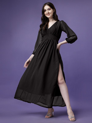 Jash Creation Women Fit and Flare Black Maxi/Full Length Dress