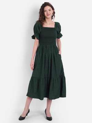 MINGLAY Women Fit and Flare Dark Green Midi/Calf Length Dress