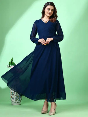 OSHO ENTERPRISE Women Fit and Flare Blue Maxi/Full Length Dress