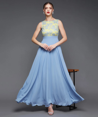 Miss Chase Women Gown Blue, Yellow Maxi/Full Length Dress
