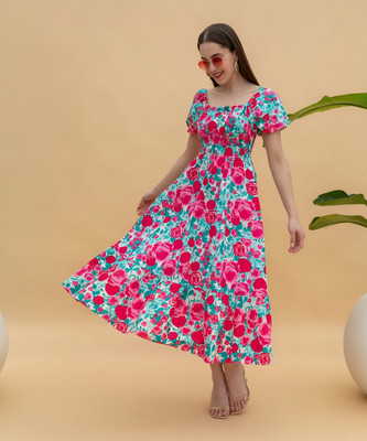 OTABU Women A-line Pink Midi/Calf Length Dress