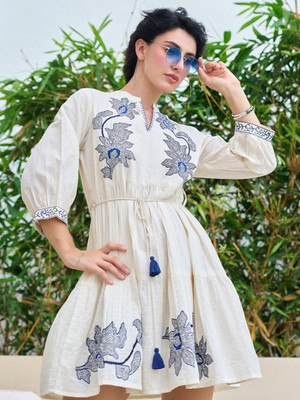 ZUMMER Women Fit and Flare White Above Knee/Mid Thigh Length Dress