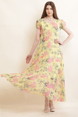 Raabta Fashion Women Fit and Flare Light Blue, Yellow, Pink Maxi/Full Length Dress