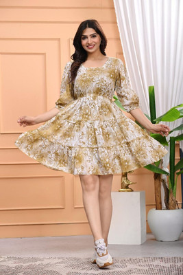 K K CREATION Women Gown Beige, White Knee Length Dress